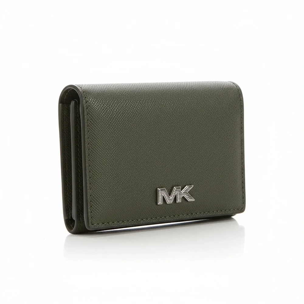 Michael Kors Olive Green Saffiano Leather Trifold Wallet with Silver MK Logo